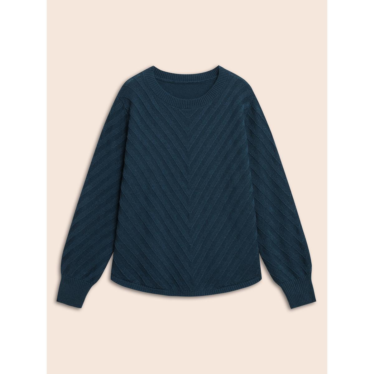Plus Size Plain Textured Crew Neck Pullover DarkGreen Women Casual Loose Long Sleeve Boat Neck Everyday Pullovers BloomChic 10/M Product Image