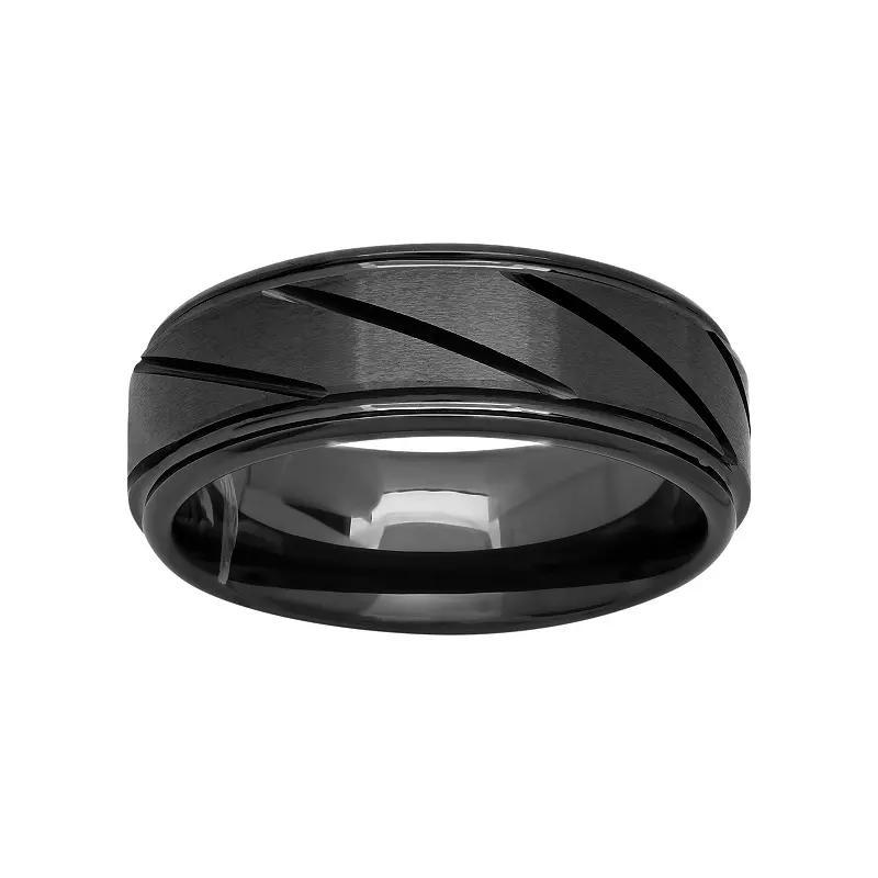 Black Ion-Plated Ceramic Slant Groove Band - Men, Men's, Size: 9, Grey Product Image