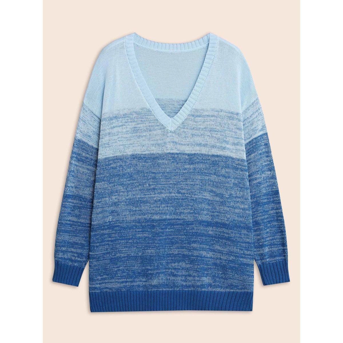Plus Size Cotton V Neck Ombre Split Hem Pullover LightBlue Women Casual Long Sleeve V-neck Everyday Pullovers BloomChic 18-20/2X Product Image