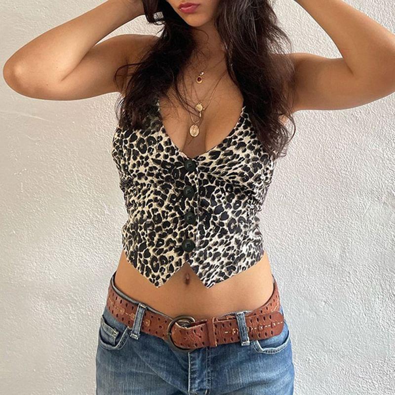 V-Neck Leopard Print Slim-Fit Crop Vest Product Image