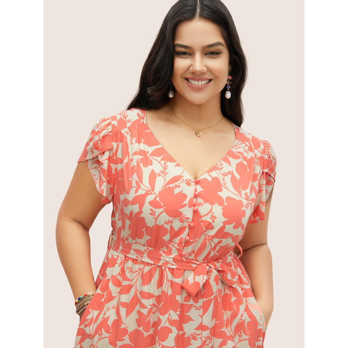 Plus Size Silhouette Floral Print Lace Trim Petal Sleeve Dress Salmon Women Resort Overlapping V-neck Cap Sleeve Curvy Midi Dress BloomChic 30/6X Product Image