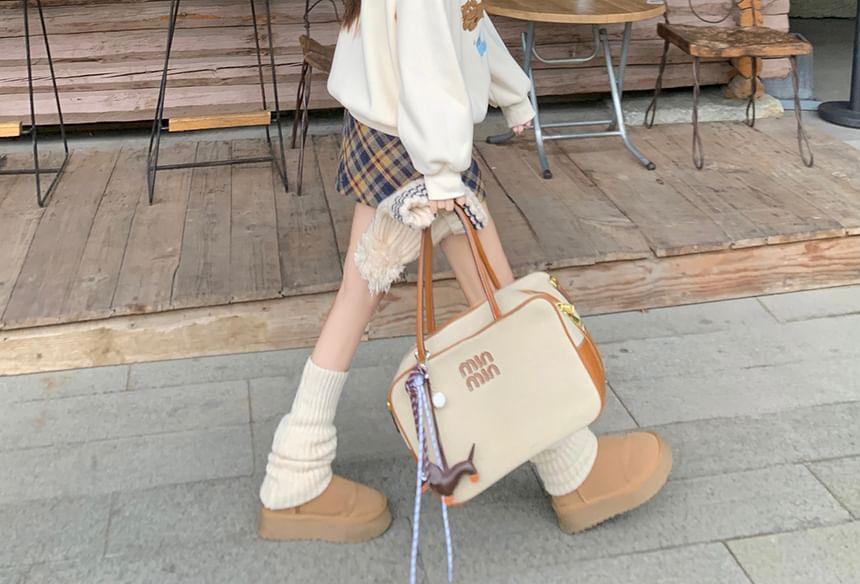 Drop Shoulder Crew Neck Cartoon Oversized Pullover / High Waist Plaid Mini A-Line Skirt Product Image