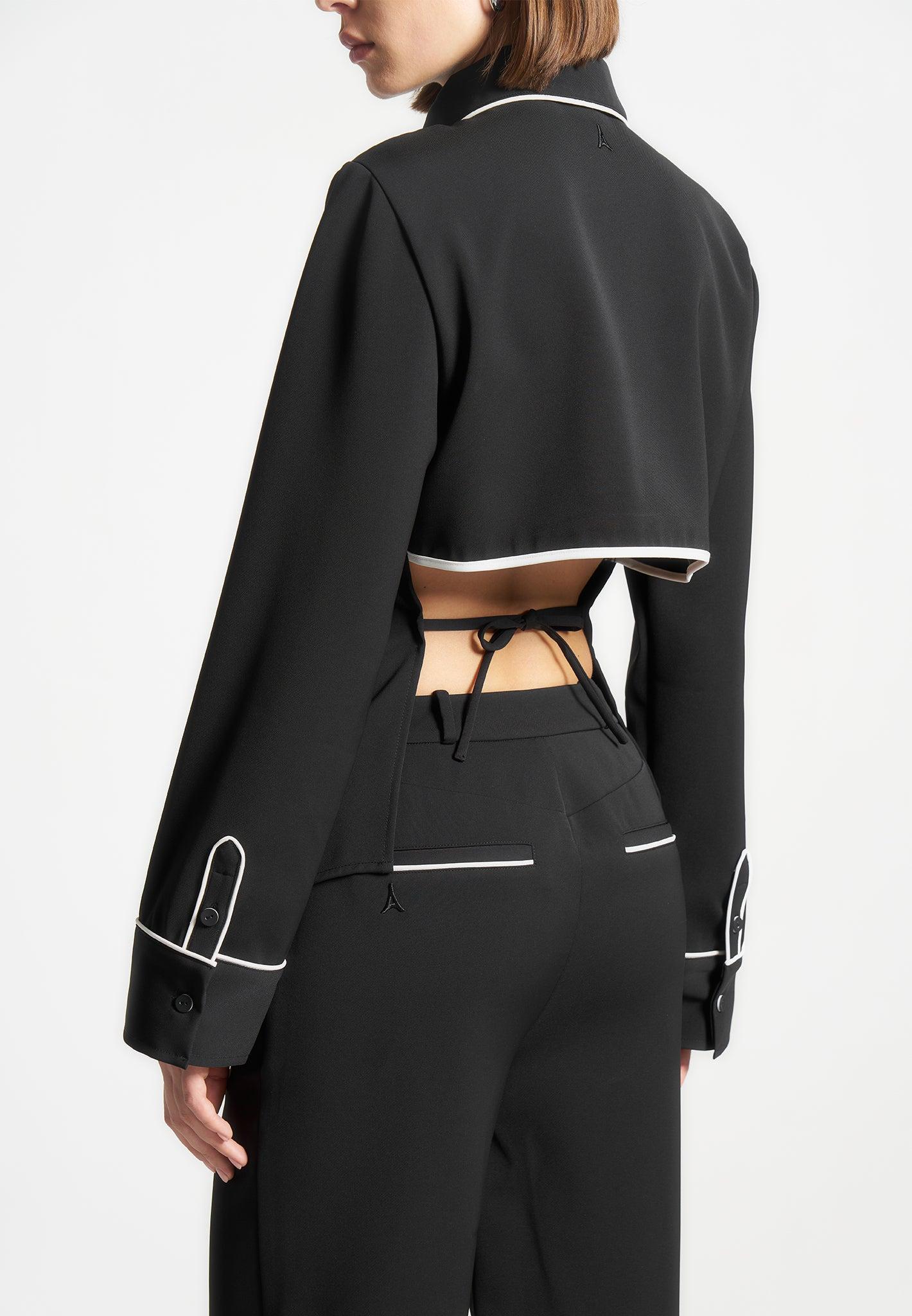 Contrast Piped Backless Tie Shirt - Black/White Female Product Image