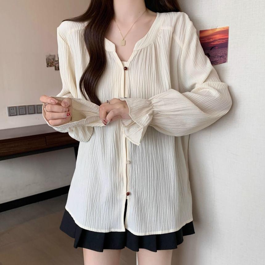 Long-Sleeve Notch Neck Plain Blouse Product Image