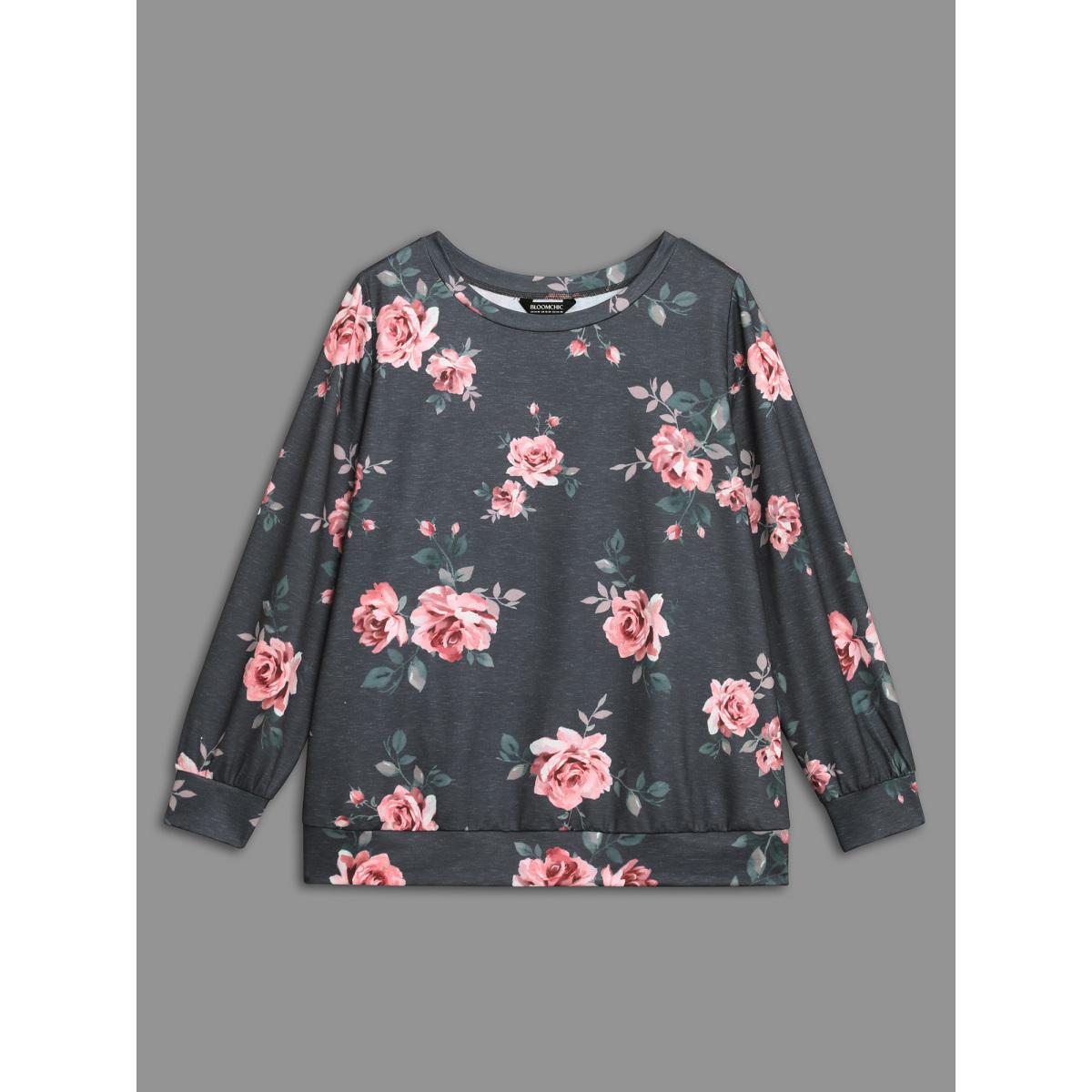 Plus Size Stretchy Floral Paint Sweatshirt Women BlackFlower Casual Contrast Round Neck Everyday Sweatshirts BloomChic 12/L Product Image