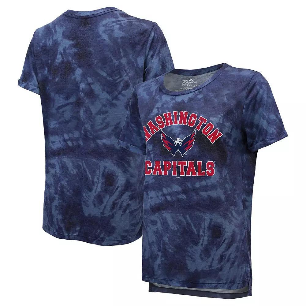 Women's Majestic Threads Navy Washington Capitals Boyfriend Tie-Dye Tri-Blend T-Shirt, Size: Small, Blue Product Image