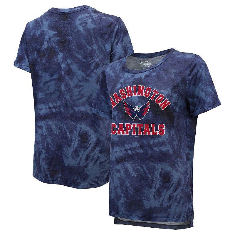 Women's Majestic Threads Navy Washington Capitals Boyfriend Tie-Dye Tri-Blend T-Shirt, Size: Small, Blue Product Image