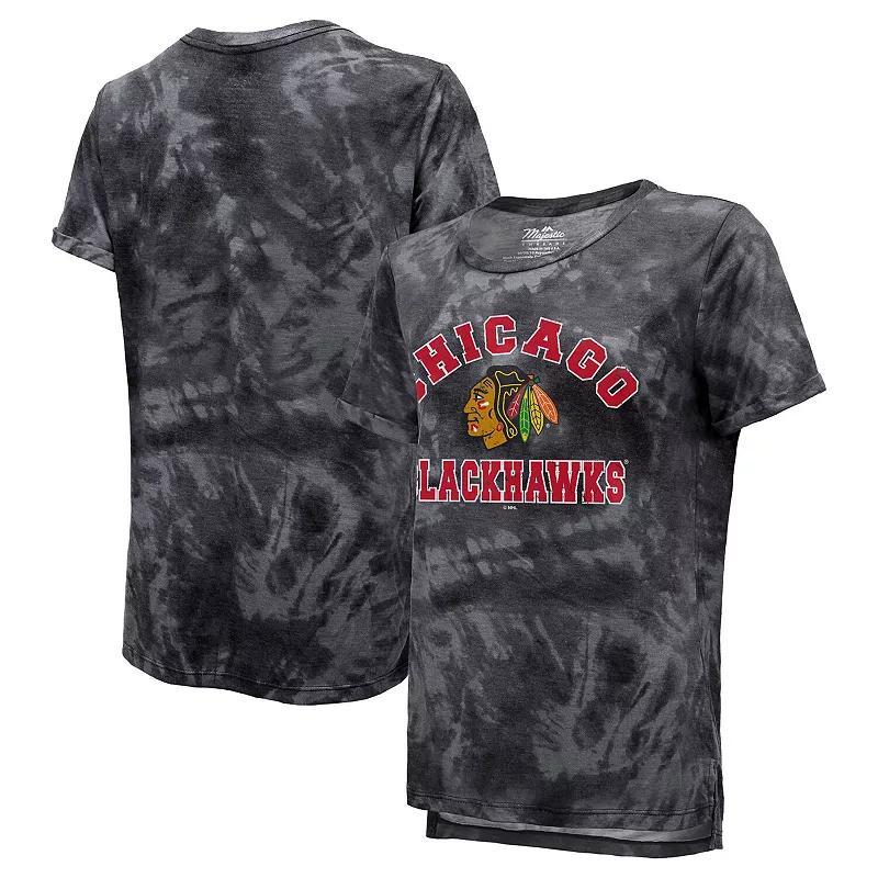 Women's Majestic Threads Black Chicago Blackhawks Boyfriend Tie-Dye Tri-Blend T-Shirt, Size: Medium Product Image