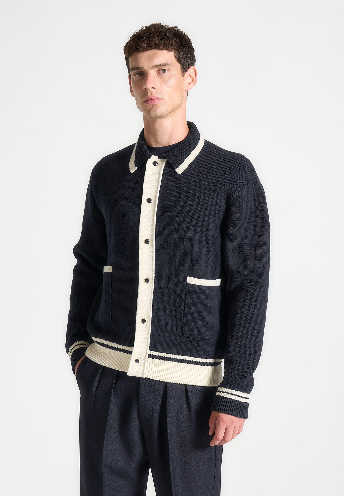 Classic Combed Cotton Knit Cardigan - Navy Male Product Image