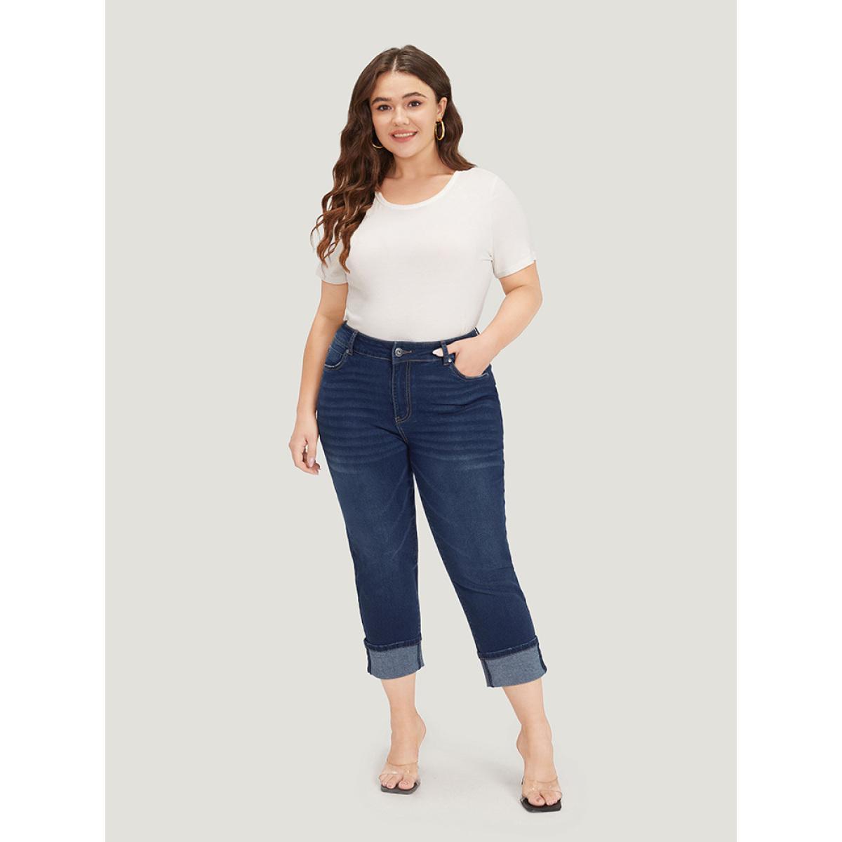 Plus Size Roll Hem High Rise Pocket Very Stretchy Jeans Women DarkBlue Casual Plain Plain High stretch Pocket Jeans BloomChic 22/3X Product Image