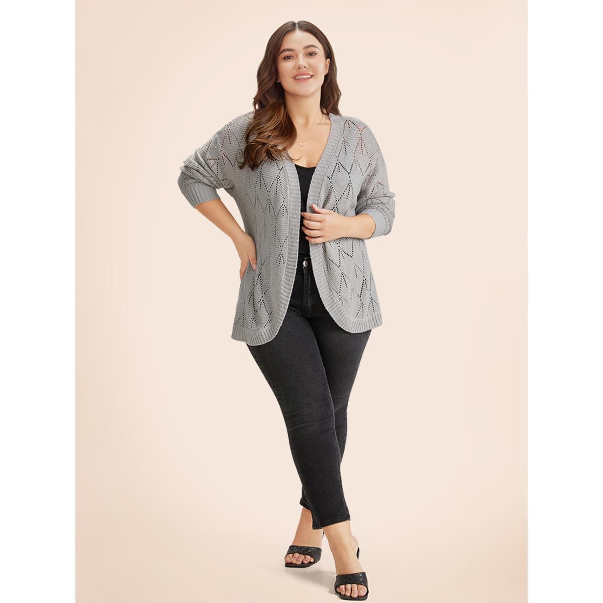 Plus Size Geometric Hollow Out Open Front Cardigan LightGray Women Casual Loose Long Sleeve Everyday Cardigans BloomChic 28/5X Product Image