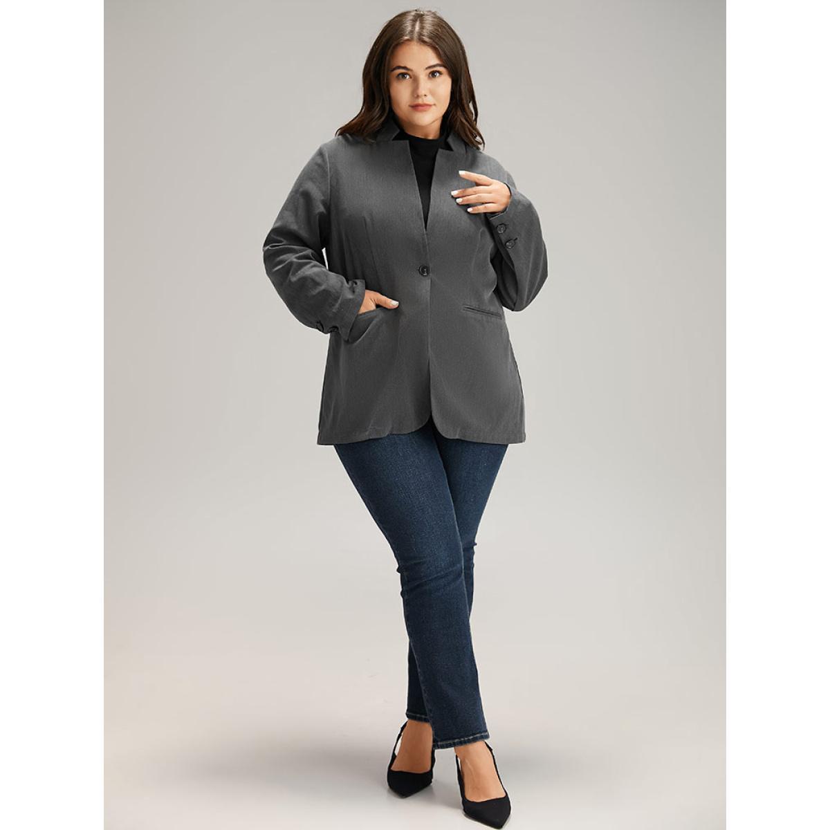 Plus Size Stand Collar Button Up Pocket Blazer Gray Women Work Plain Plain Sleeve Long Sleeve Stand-up collar 26/4X Pocket Office Blazers BloomChic Product Image