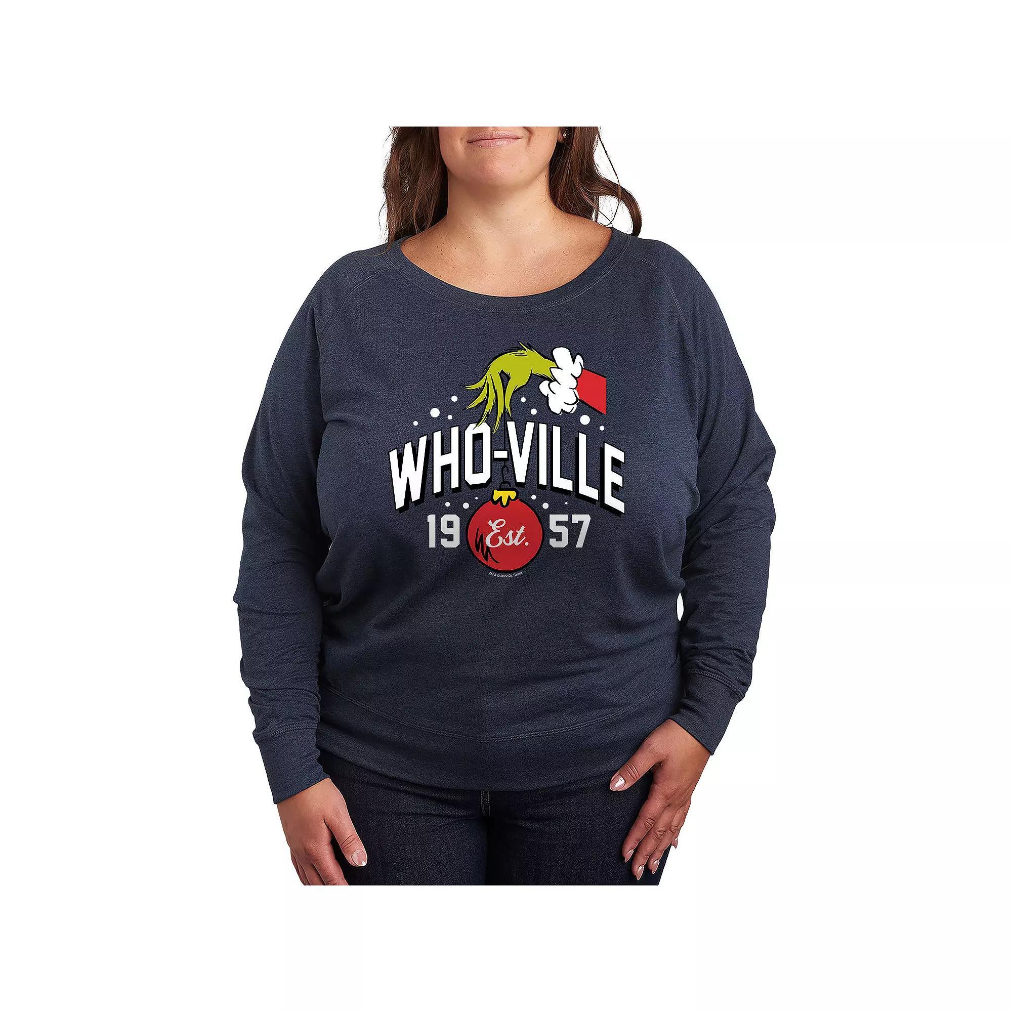 Plus Size Dr. Seuss The Grinch Whoville Hand French Terry Long Sleeve Tee, Womens Grey Indigo Product Image