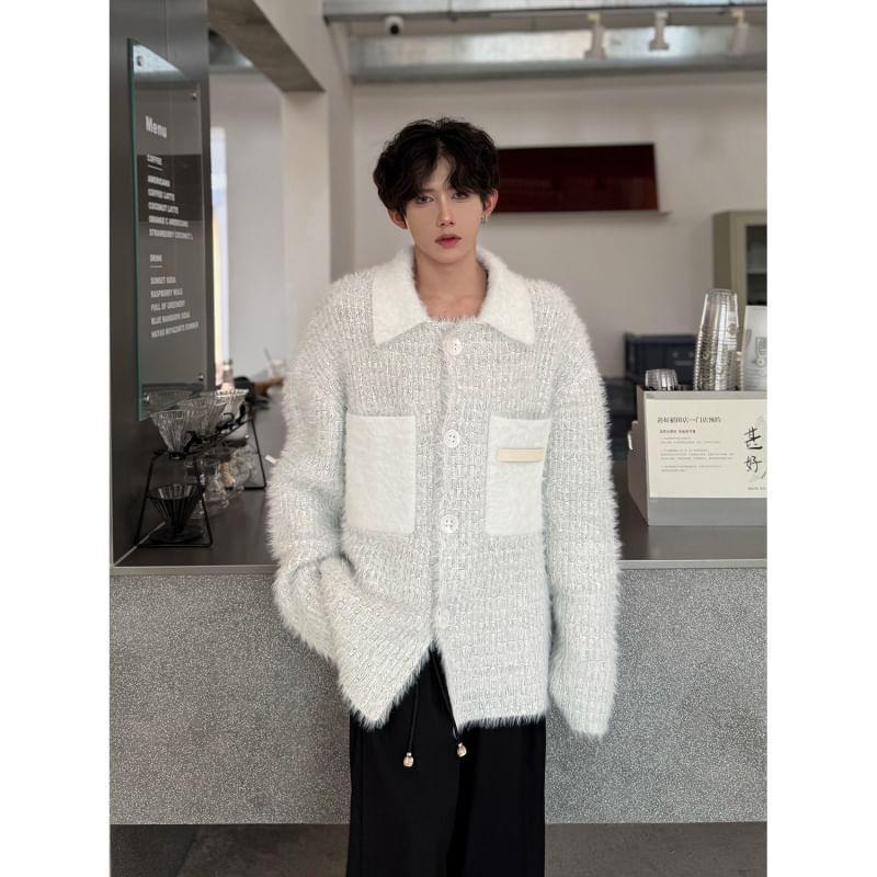 Collar Plain Pocket Detail Fluffy Cardigan Product Image