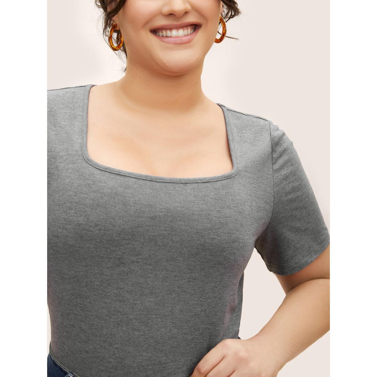 Plus Size Supersoft Essentials Solid Square Neck Knit T-shirt DimGray Women Basics Non Square Neck Bodycon Everyday T-shirts BloomChic 22-24/3X Product Image
