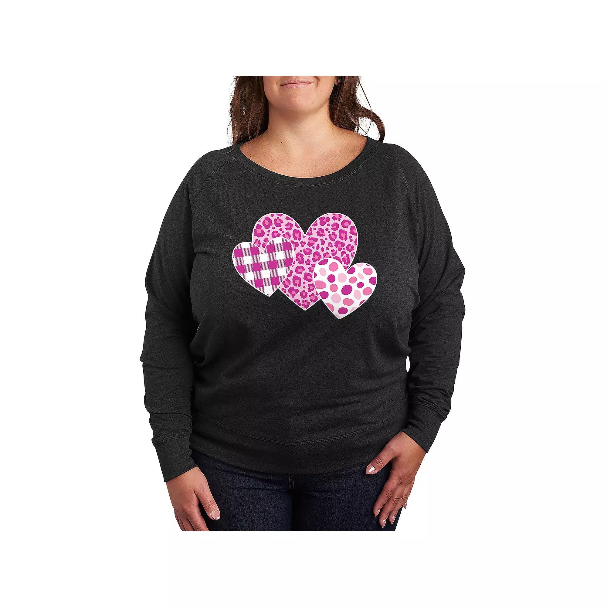Plus Size Valentines Patterned Hearts French Terry Long Sleeve Tee, Womens Heather Grey Product Image