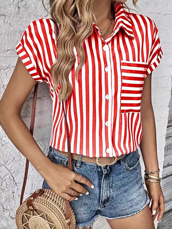Loose Short Sleeves Contrast Color Split-Joint Striped Patterns Lapel Blouses&Shirts Tops Product Image