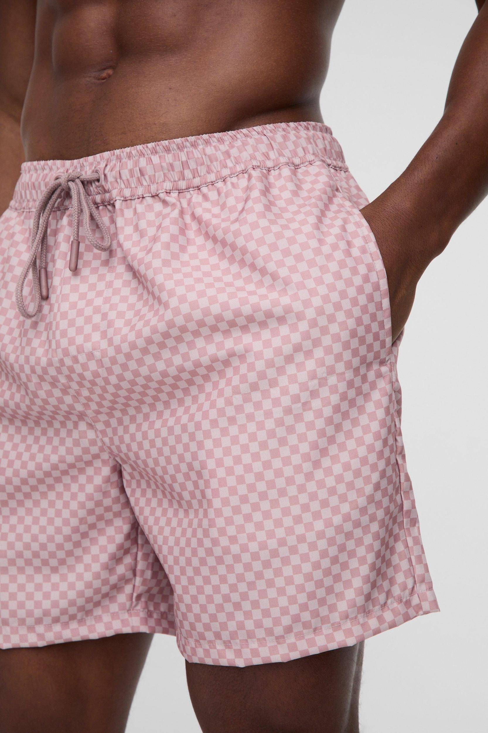 Mid Length Checkerboard Swim Trunks | boohooMAN USA Product Image