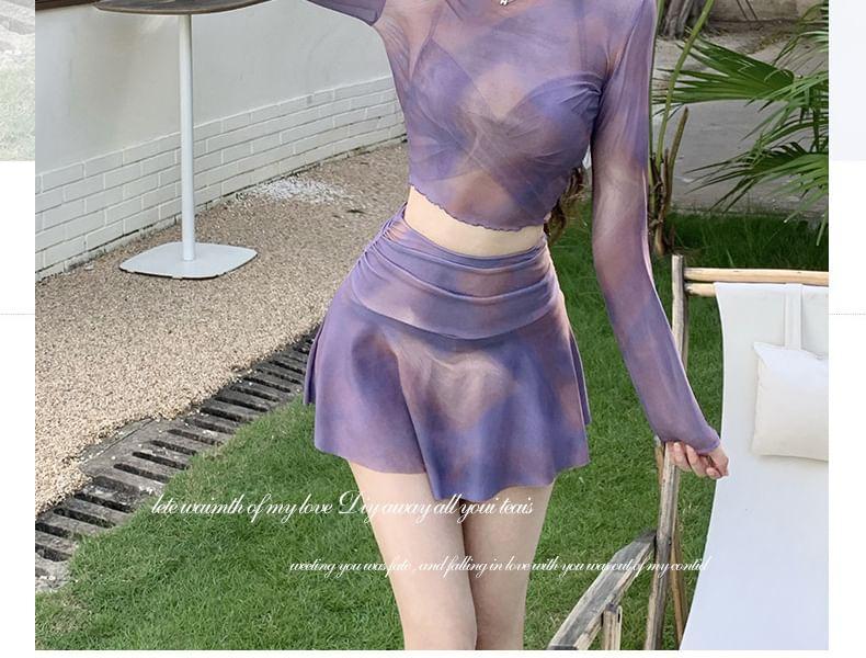 Set: Tie-Dye Print Bikini + Cover Up Top + Skirt Product Image