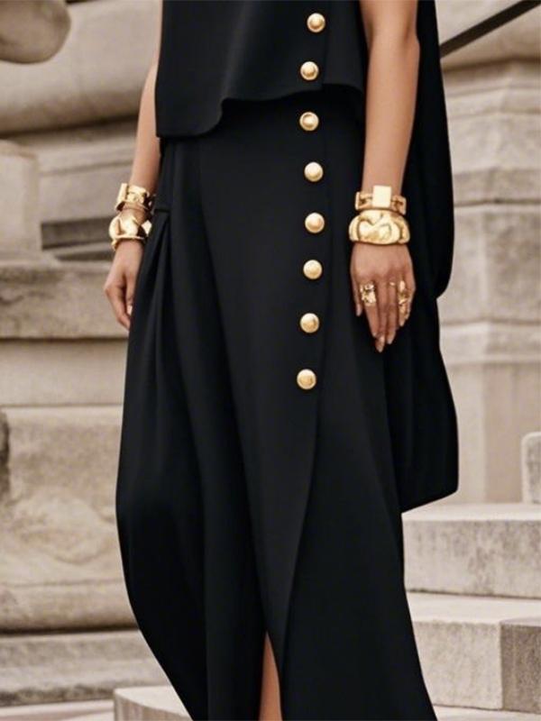 Loose Sleeveless Buttoned Solid Color Round-Neck Maxi Dresses Product Image