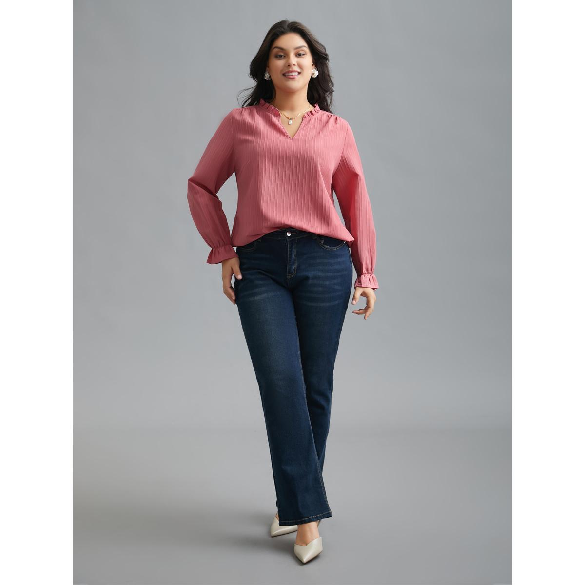 Plus Size DustyPink V Neck Frill Trim Textured Blouse Women Elegant Extra Long Sleeve V-neck Everyday Blouses BloomChic 18-20/2X Product Image