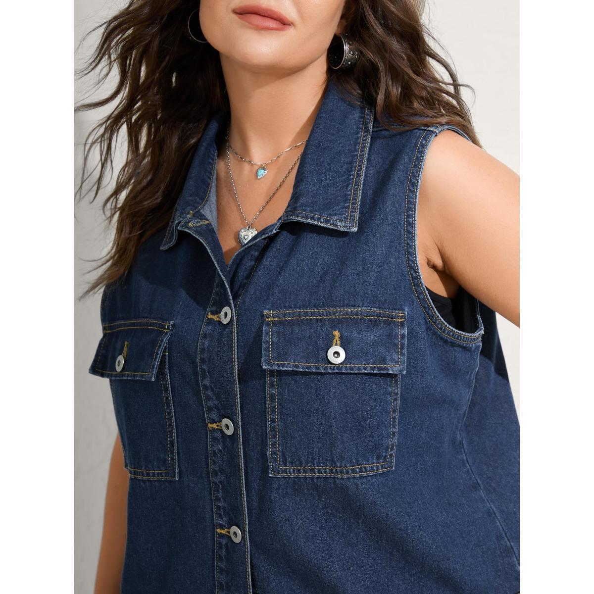 Women Button-Front Long Denim Vest Jacket Denimindigo Plus Size Button Vacation Patch pocket Denim Jackets BloomChic 14-16/1X Product Image