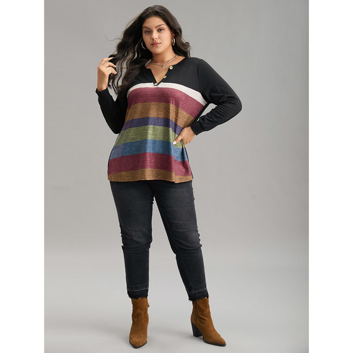 Plus Size Colorblock Contrast Notched Button Detail T-shirt Black Women Casual Contrast Striped Notched collar Dailywear T-shirts BloomChic 22-24/3X Product Image