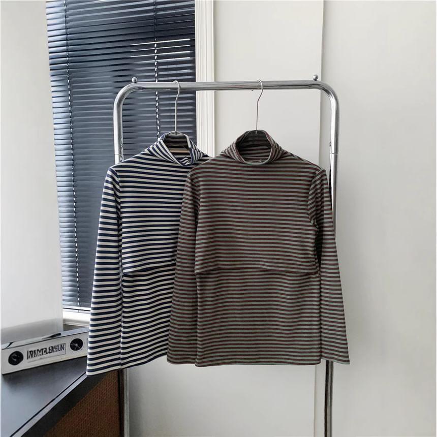 Maternity Long Sleeve Mock Neck Striped Nursing Top Product Image
