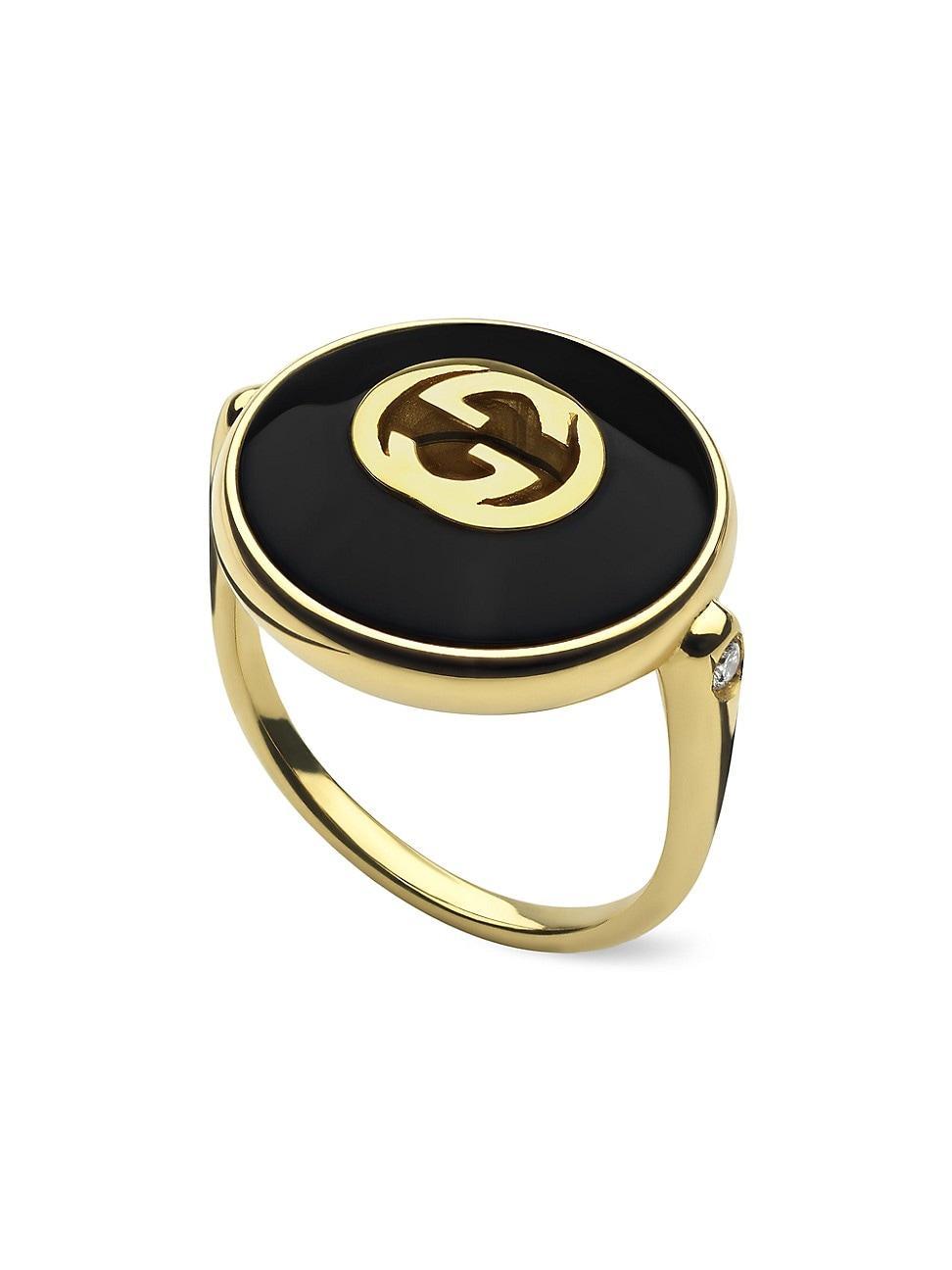 Mens Interlocking G 18K Yellow Gold, Black Onyx & 0.042 TCW Diamond Ring Product Image