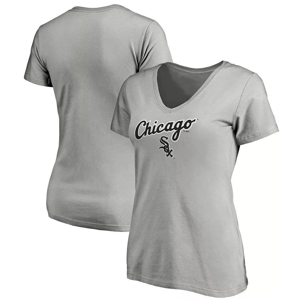 Women's Fanatics Branded Heathered Gray Chicago White Sox Team Logo Lockup V-Neck T-Shirt, Size: XL, Grey Product Image