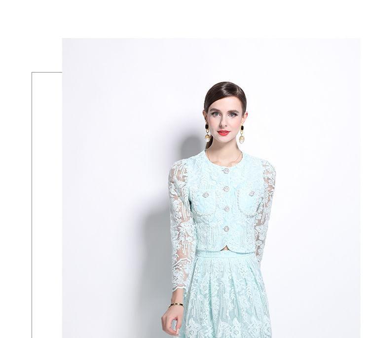 Set: Long Sleeve Round Neck Plain Floral Embroidered Faux Pearl Button Mesh Top + High Waist Midi A-Line Skirt Product Image