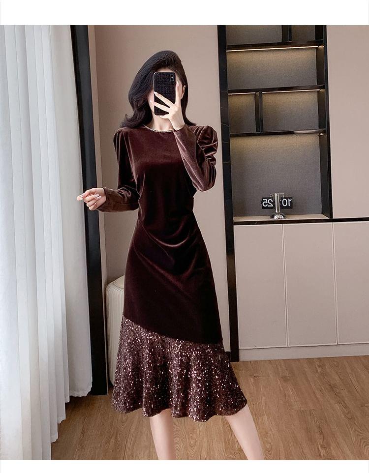 Long Sleeve Round Neck Velvet Sequin Hem Midi A-Line Dress Product Image