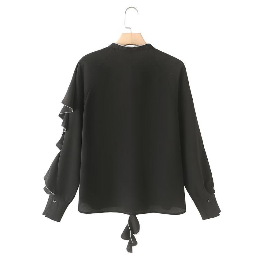 Long-Sleeve Tie-Neck Contrast Trim Ruffle Button-Up Blouse Product Image