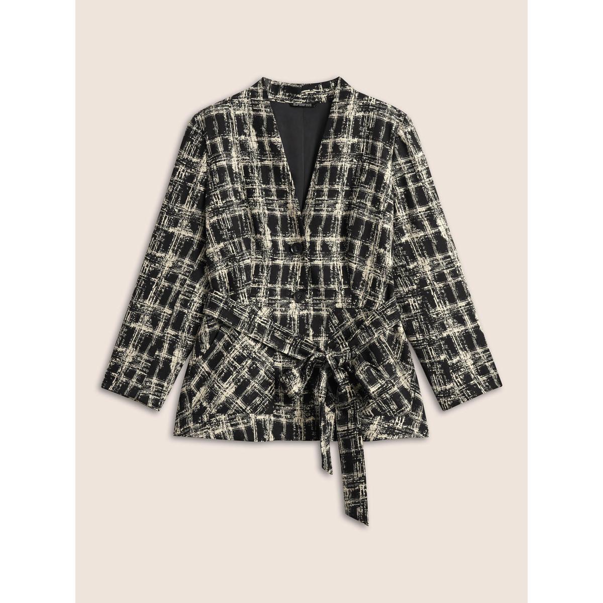 Plus Size Geometric Pocket Belted Lined Blazer Black Women Work Geometric Non Sleeve Long Sleeve V-neck 18-20/2X Patch pocket Belt At the Office Blazers BloomChic Product Image