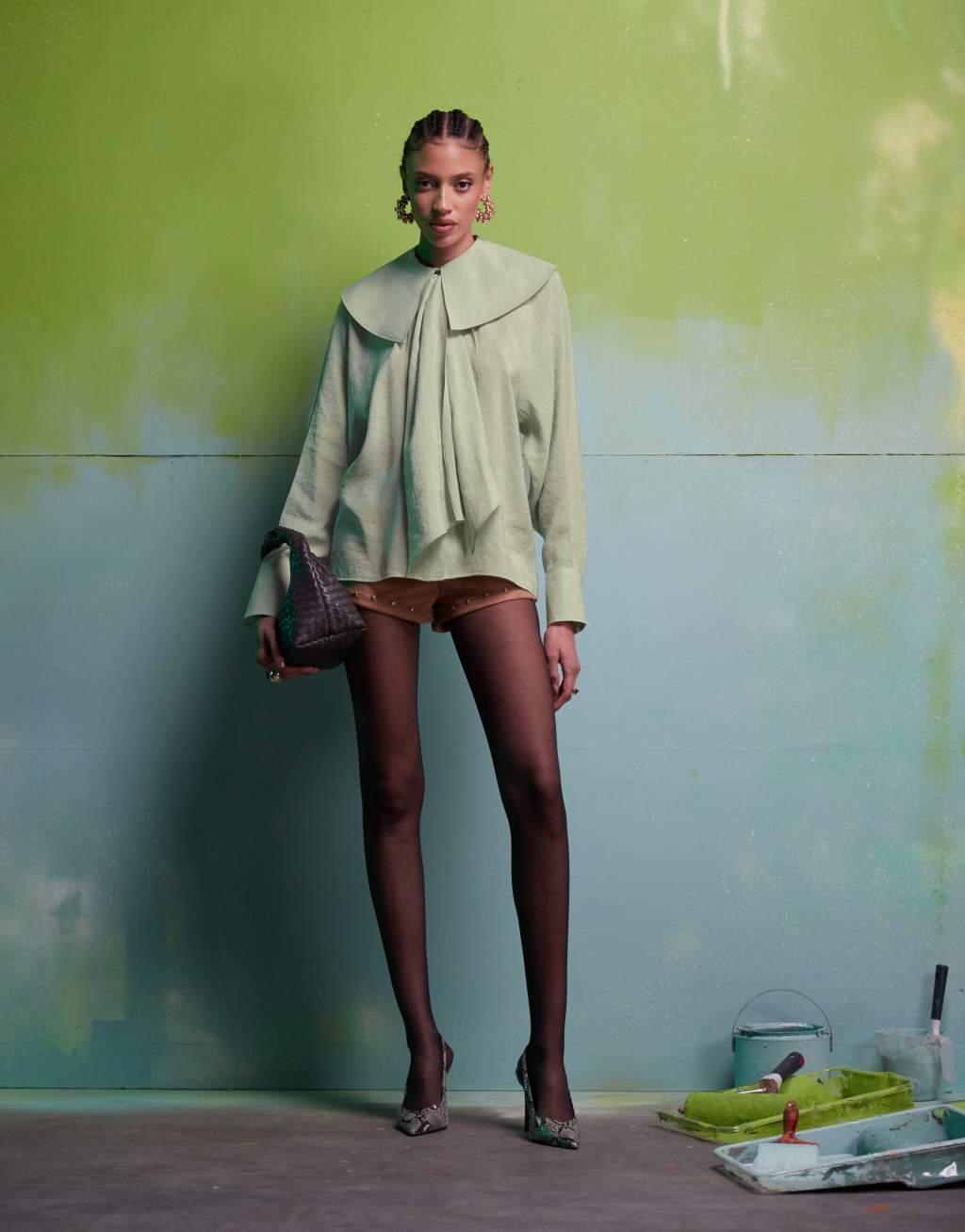 ASOS DESIGN oversized collar blouse with neck tie detail in sage green Product Image