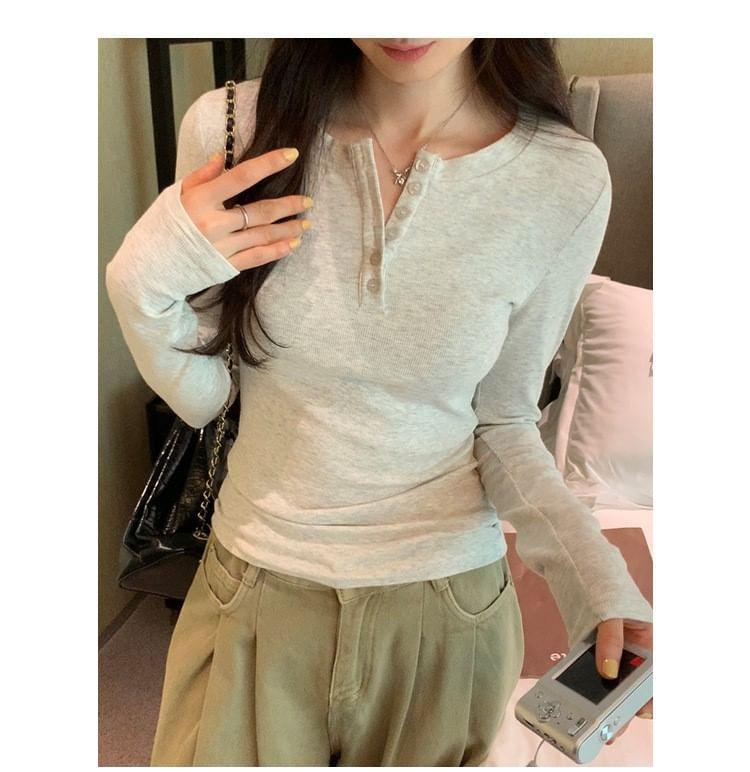Long-Sleeve Half Buttoned Plain Top Product Image