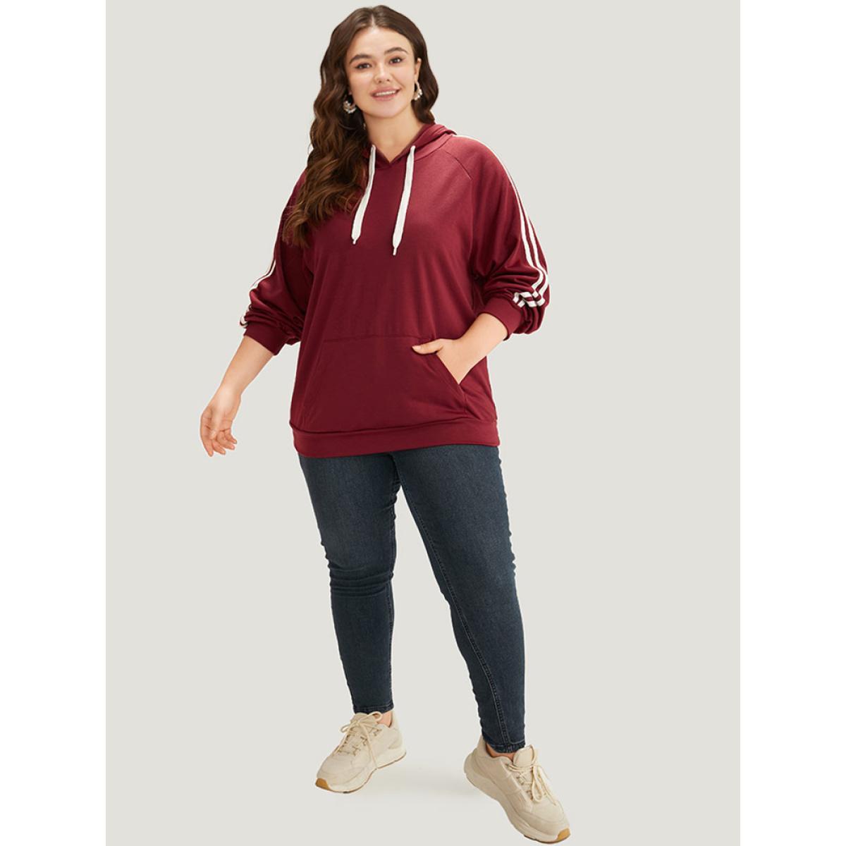 Plus Size Contrast Seam Detail Drawstring Pocket Hooded Raglan Sleeve Sweatshirt Women Red Casual Elastic cuffs Hooded Dailywear Sweatshirts BloomChic 10/M Product Image