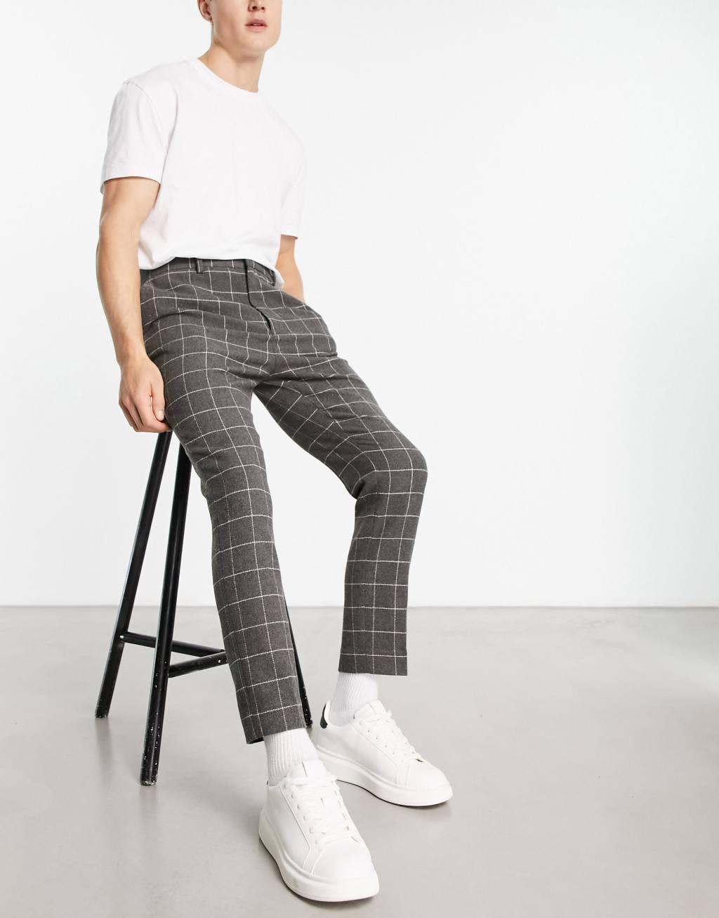 ASOS DESIGN tapered wool mix smart pants in charcoal window plaid Product Image