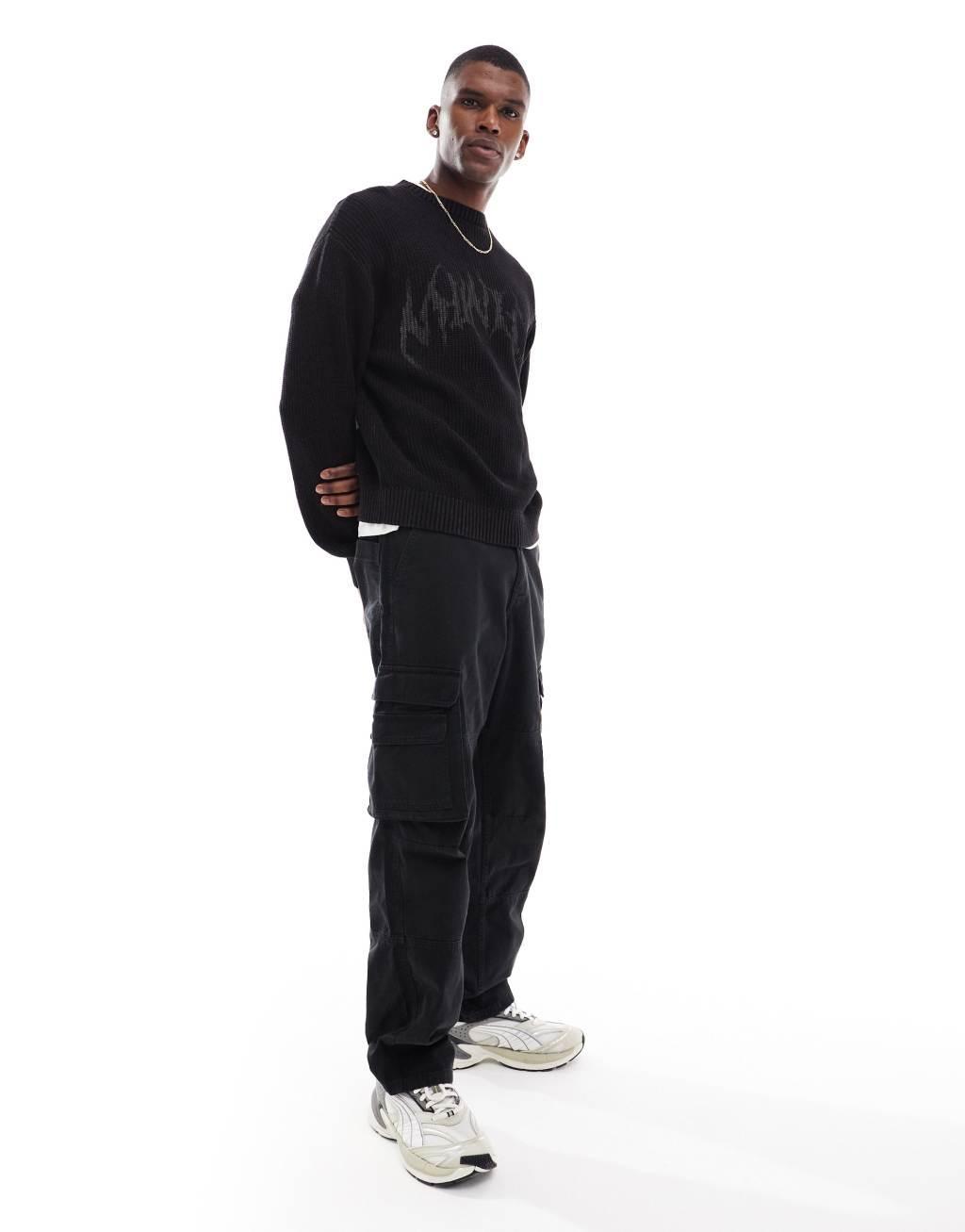 Pull&Bear ribbed acid washed printed sweater in black Product Image