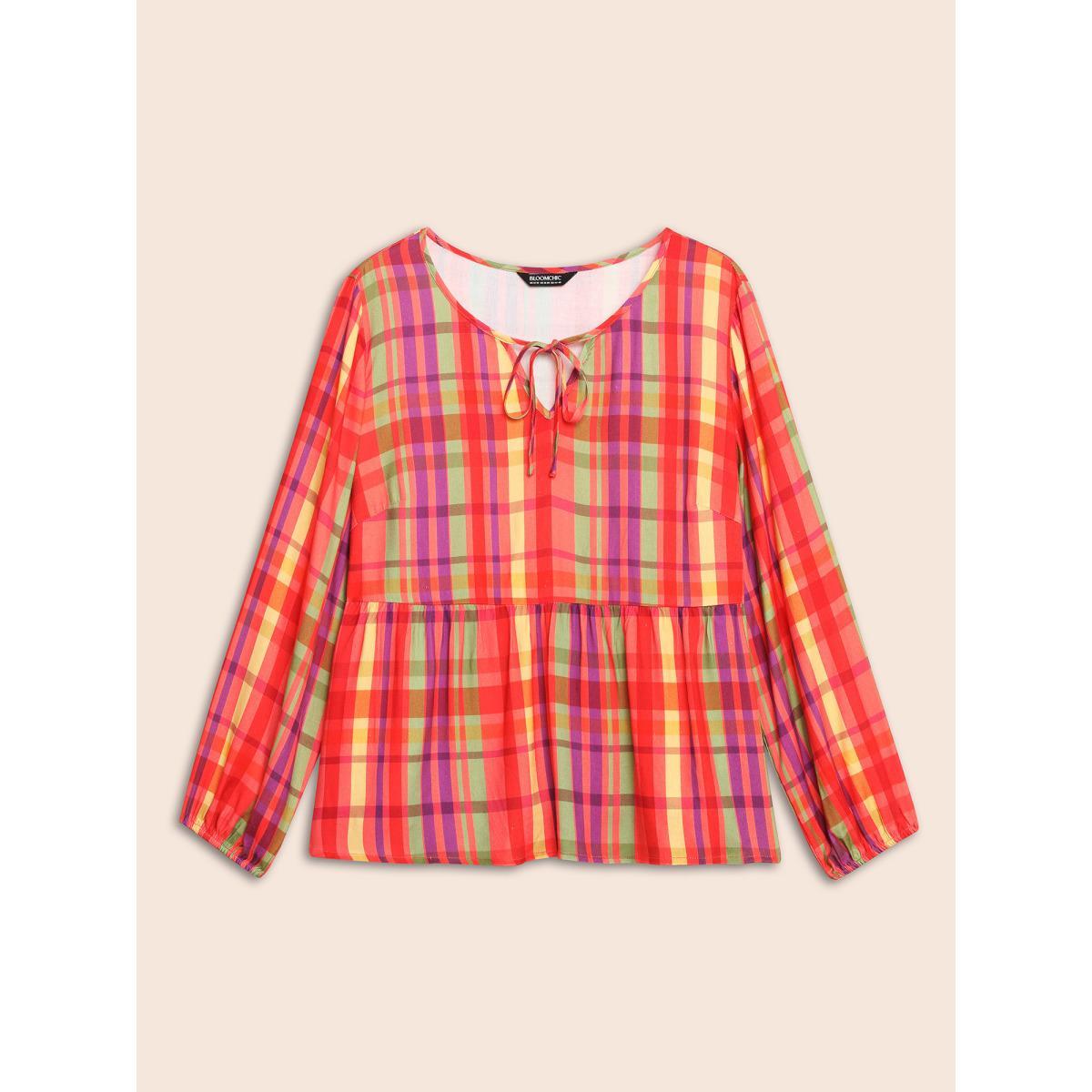 Plus Size Multicolor Colored Plaid Tie Knot Ruffle Hem Blouse Women Casual Long Sleeve Notched collar Everyday Blouses BloomChic 18-20/2X Product Image