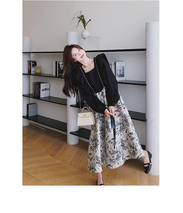 Long-Sleeve Square Neck Mock Two-Piece Print Ruffle Trim Midi A-Line Dress Product Image