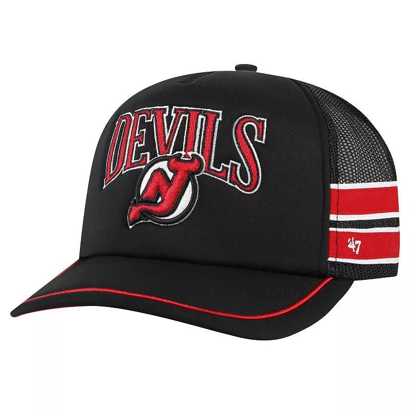 47 Brand Mens Black New Jersey Devils Sideband Stripes Trucker Snapback Hat Product Image