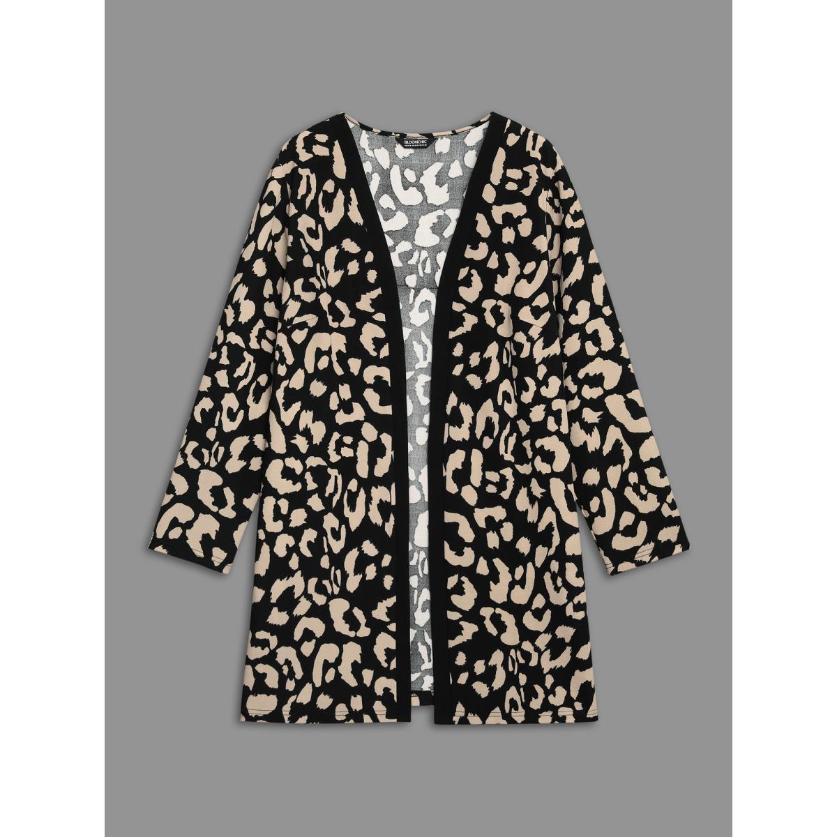 Plus Size Leopard Print Color Contrast Kimono Women LightBrown Elegant Contrast Loose Side seam pocket Everyday Kimonos BloomChic 26/4X Product Image