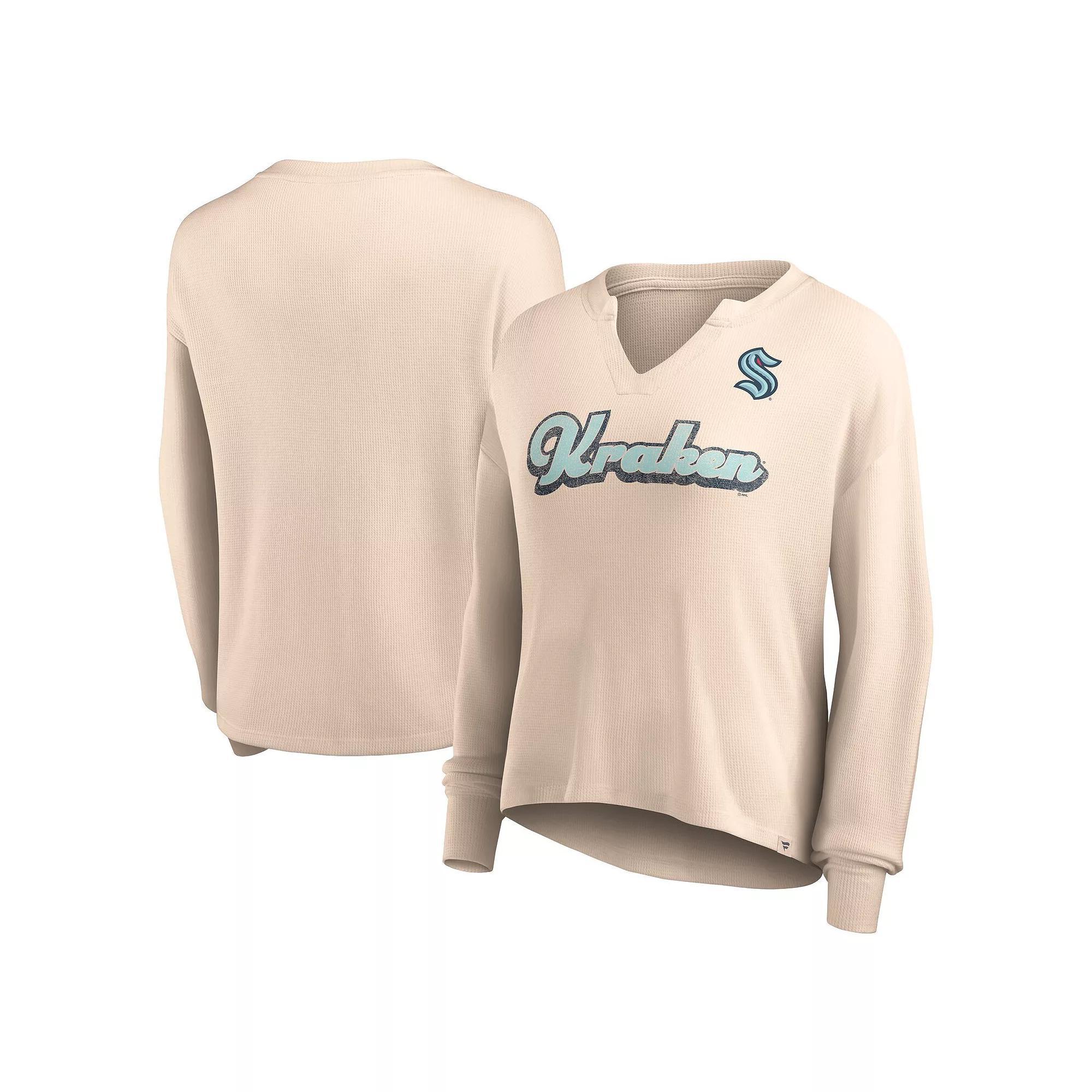 Women's Fanatics Branded Oatmeal Seattle Kraken Go For It Notch Neck Waffle Knit Long Sleeve T-Shirt, Size: XL, Krk Team Product Image