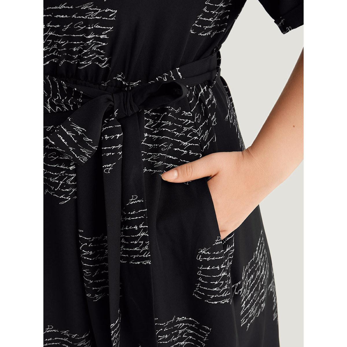 Plus Size Letter Print Notched Belted Arc Hem Dress Black Women Office Belted Mock Neck Short sleeve Curvy Midi Dress BloomChic 10/M Product Image
