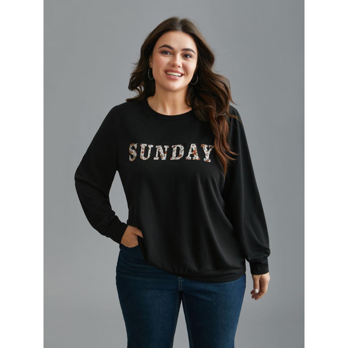 Plus Size Sunday Patchwork Embroidered Sweatshirt Women Black Casual Embroidered Round Neck Everyday Sweatshirts BloomChic 30/6X Product Image