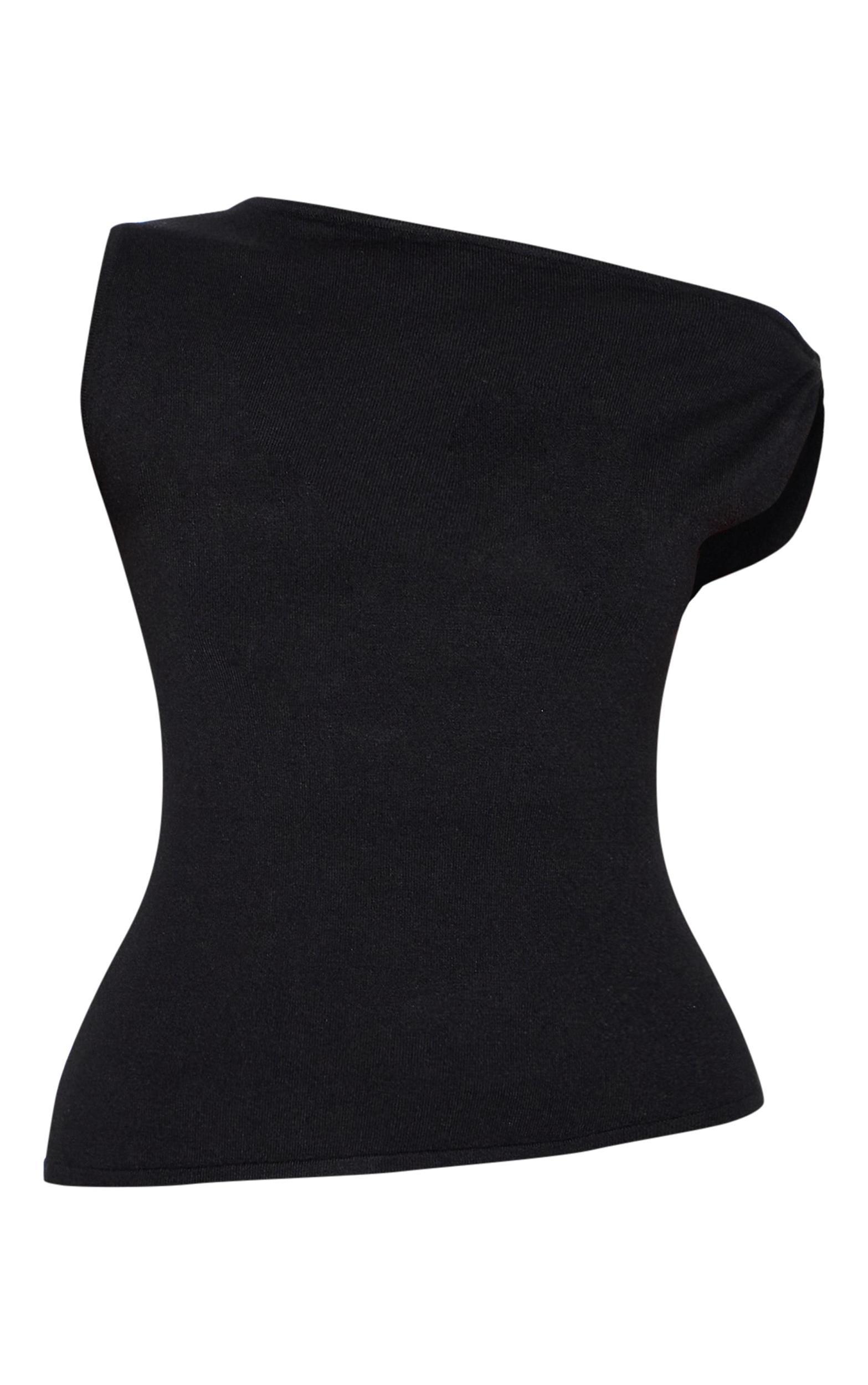  Black Basic Knit Asymmetric Hem Twist Sleeve Vest Top Product Image