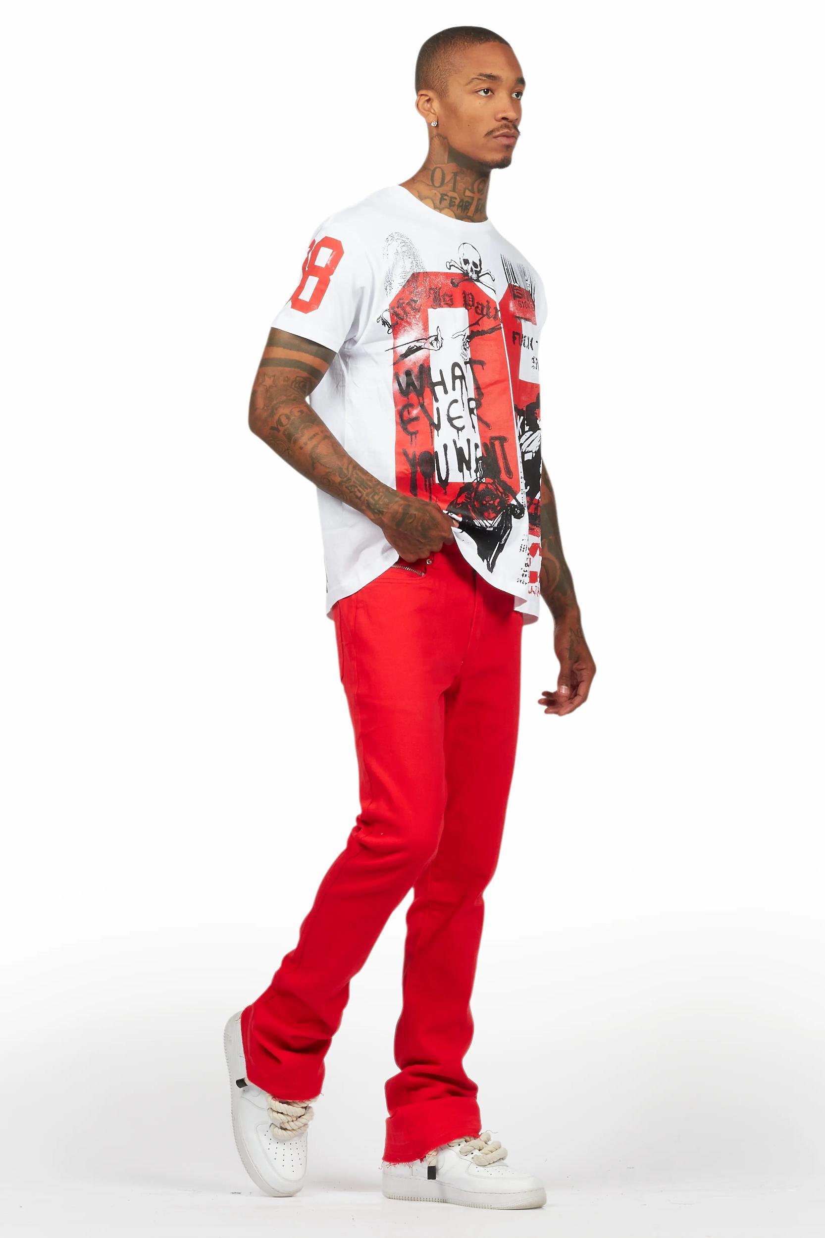 Grill White/Red Oversized Graphic T-Shirt/Dag Stacked Flare Jean Set Male Product Image