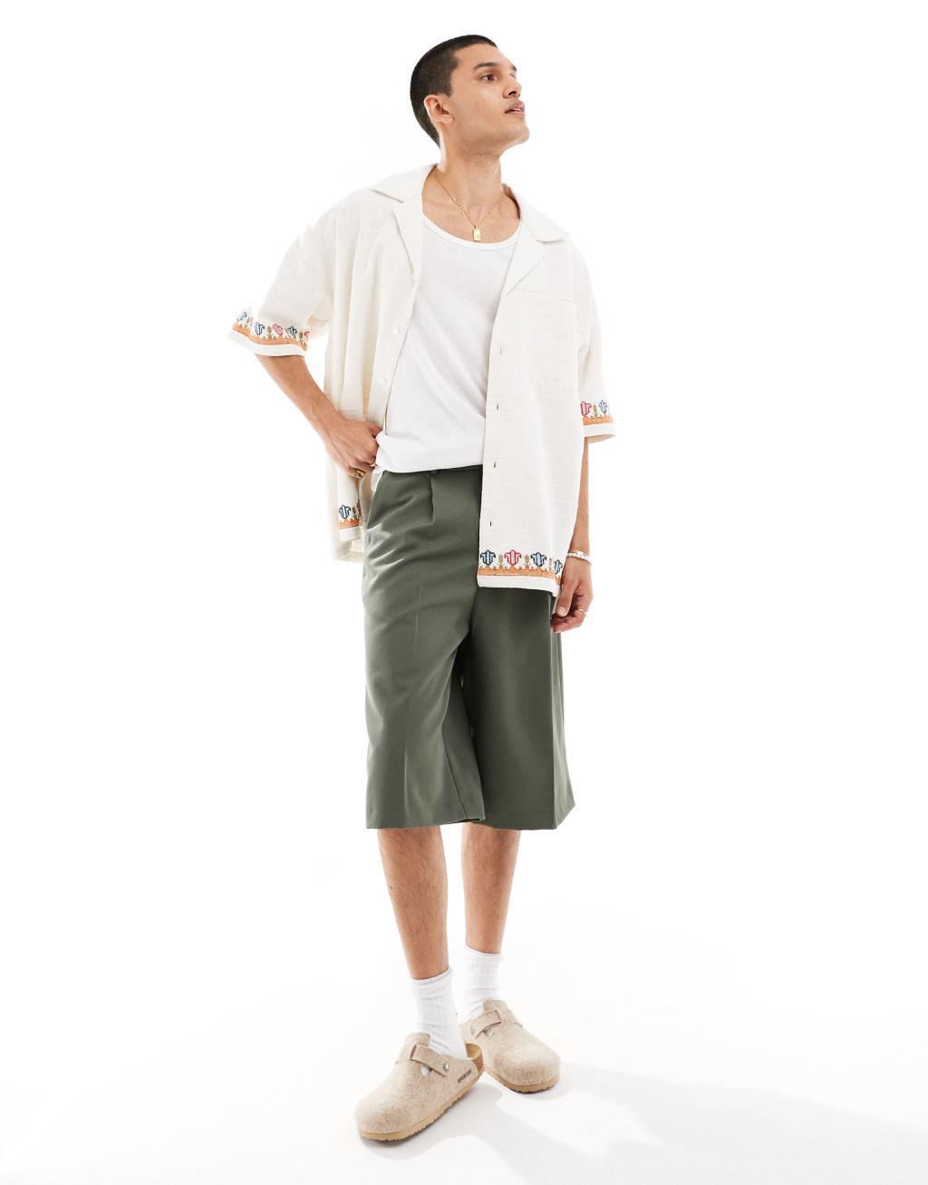 Reclaimed Vintage oversized revere shirt with embroidery in white  Product Image