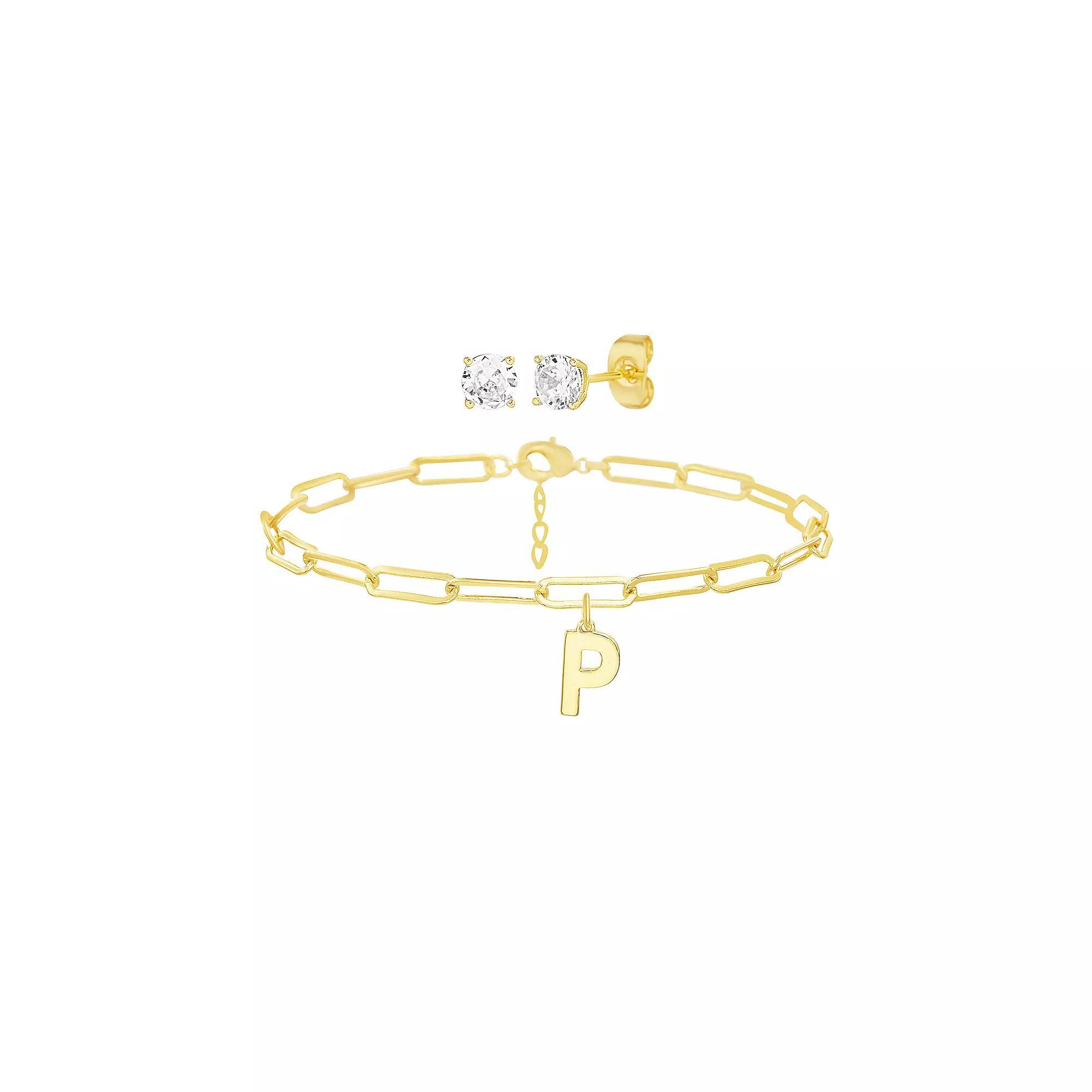 Paige Harper 14k Gold Plated Initial Charm Bracelet & Cubic Zirconia Stud Earring Set, Women's, Size: 7.5-8.5"AD, Gold Tone P Product Image